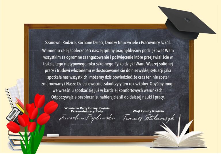 Podziękowanie z okazji zakończenia roku szkolnego od władz Gminy Rząśnia